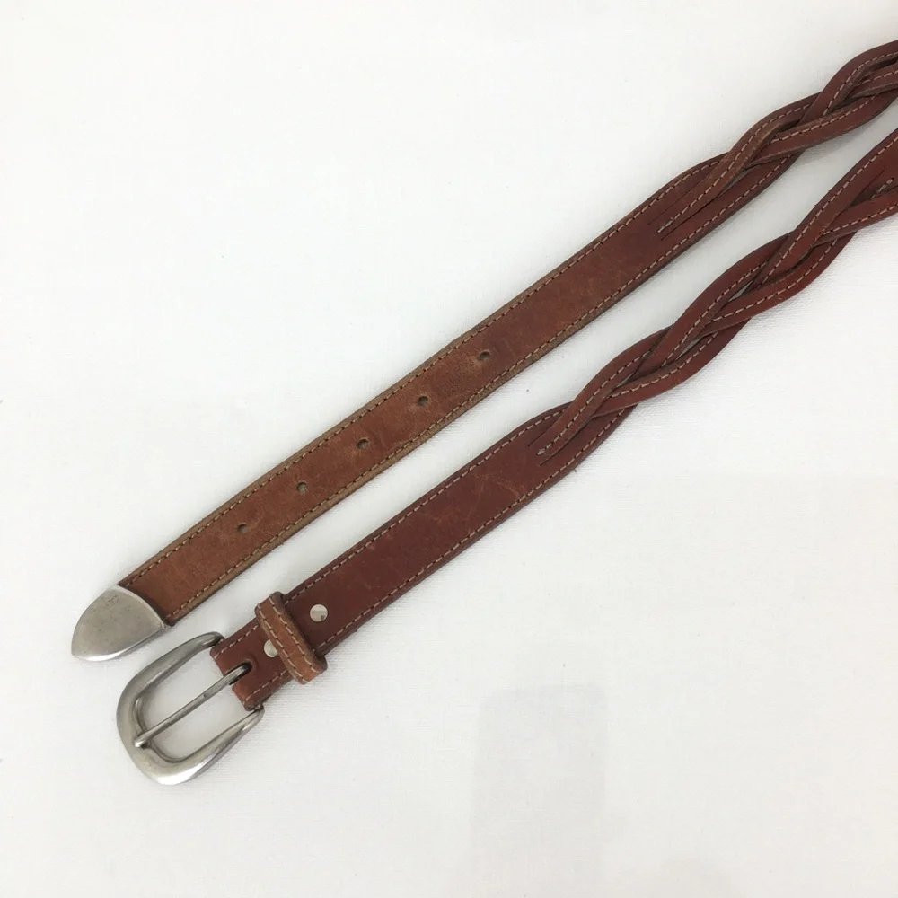 Genuine Leather Braided Belt Thin Brown Preppy Minimalist Western